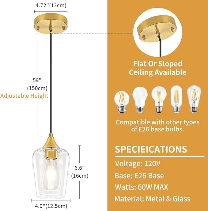 2 Pack Brushed Gold Pendant Lights Kitchen Island, Glass Pendant Lighting Over Island Modern Kitchen Hanging Light Fixtures Adjustable Pendant Lights for Dining Room Bathroom Bedroom Hallway Foyer