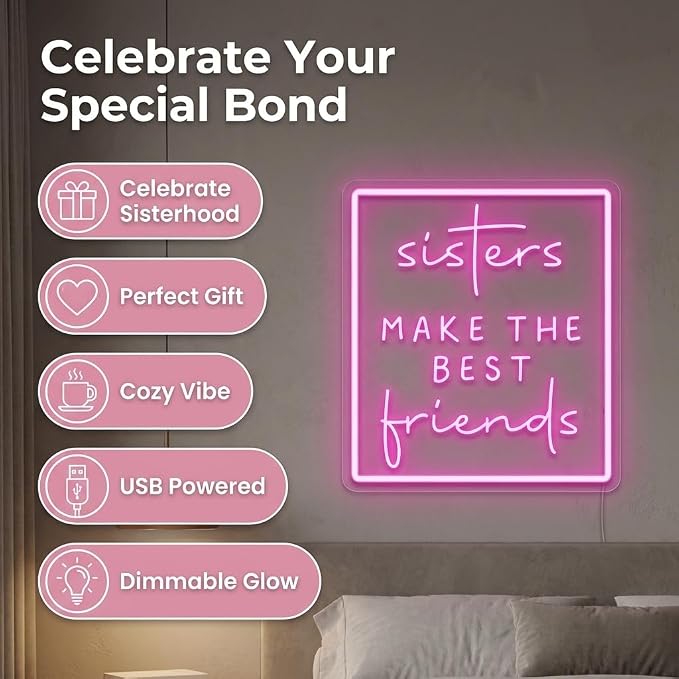 Sisters Make The Best Friends Neon Sign, Pink Led Wall Decor for Bedroom, Gift for Sister, Best Friend, BFF, USB Dimmable Aesthetic Room Decor for Girls, Unique Friendship Gift (13.8"x12.4")