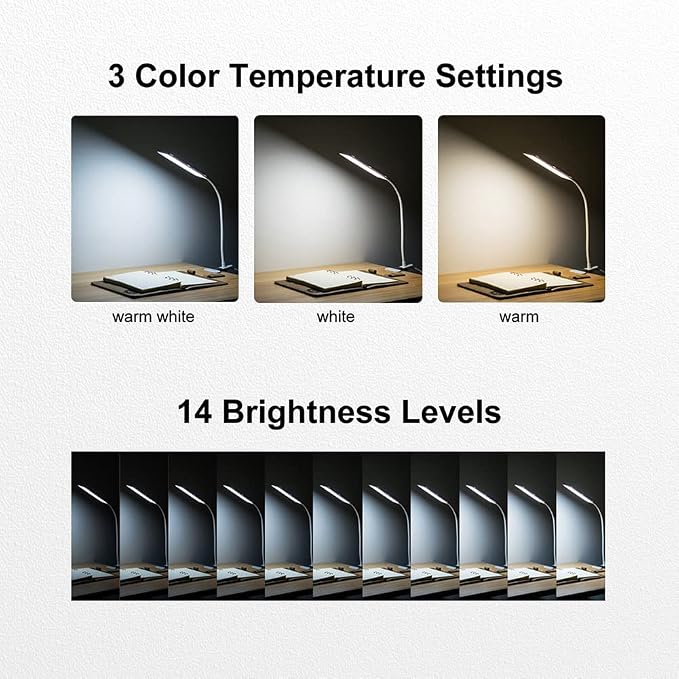 LED Desk Lamp, 5W USB Clip on Light Eye-Caring Reading Clamp Table Lamp with 48 LEDs Flexible Neck, 3 Color Modes and 14 Brightness Levels for Office Bedroom Study (White)