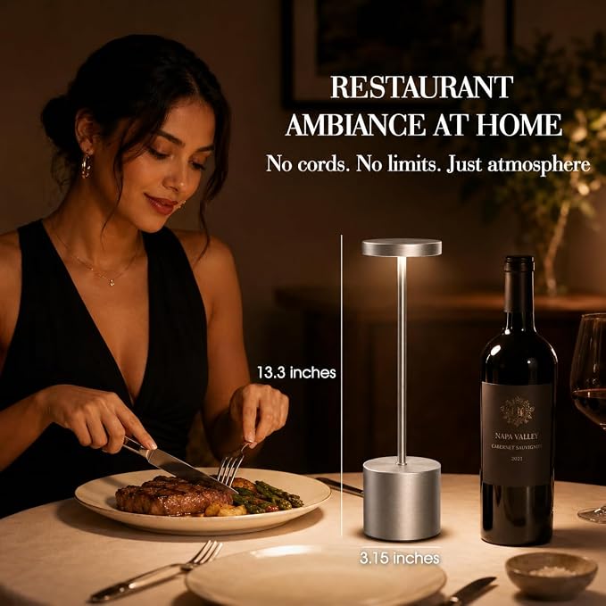 AUDLES Silver Rechargeable Table Lamps 2 Pack, Cordless Battery Operated LED Desk Lamp with Touch Control, 3 Color Temperatures, Dimmable Portable Lamps for Bedroom, Dining Room, Patio, Restaurant
