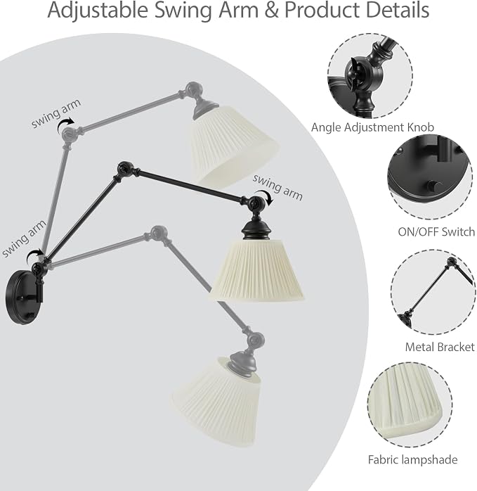 Plug in Wall Sconce, Black Adjustable Swing Arm Wall Lamp, 1 Pack | Fabric Lampshade, Plug-in or Hardwired, E26 Base, 6.6FT Plug-in Cord, Knob Switch, Living room, bedroom, study room, office