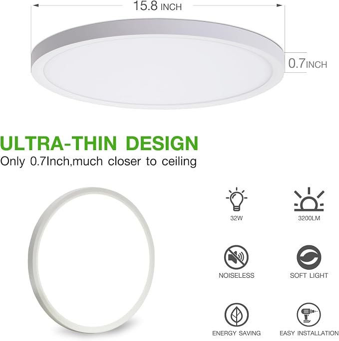 15.8 Inch White LED Flush Mount Ceiling Light Fixture (4 Pcs) | 32W 3200LM, Dimmable Light Brightness, Lower Energy Bills, CRI>88, Eye-Friendly, for Bedroom, Kitchen, Living Room