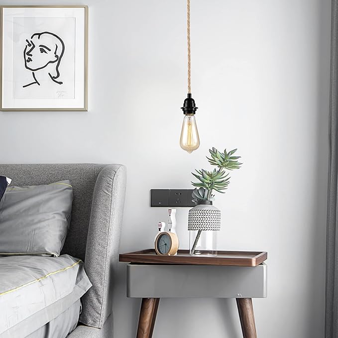 FRIDEKO HOME Farmhouse 15ft Pendant Lights - Hanging Lights with Plug in Cord Hemp Rope Pendant Lights Rustic Hanging Lamps that Plug into Wall Outlet for Kitchen Island Bedroom DIY Decor - 2 Pack
