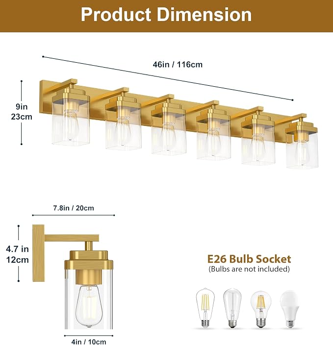 Brushed Gold Bathroom Light Fixtures, 6 Lights Bathroom Lighting Fixtures Over Mirror, Square Design & Rectangle Large Backplate, Modern Vanity Lighting Fixtures, for Living Room/Bedroom