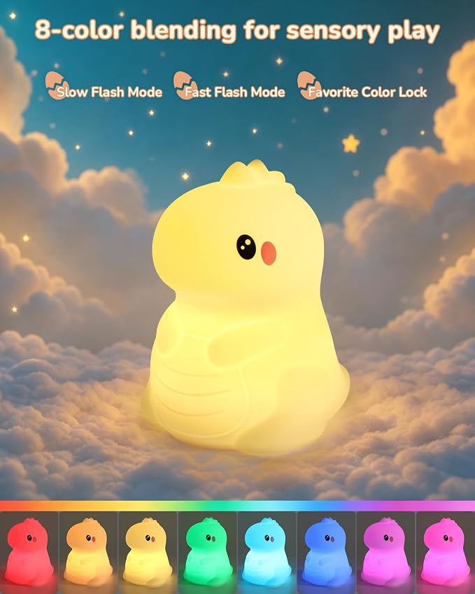 Night Light for Kids, LED Dinosaurs Squishy Animal Lamp for Baby, Soft Silicone Dimmable Touch Light with Timer, Battery Rechargeable Nightlight Boys Gifts Cute Room Decor 4.80 x 4.80 x 6.10 in