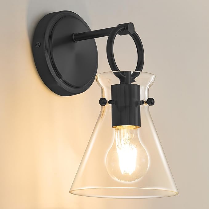 Wall Sconce for Bathroom Modern Vanity Light Fixtures Hardwired Wall Mount Lighting Lamp Farmhouse Wall Lights with 6" Clear Glass Shade for Bedroom Living Room Mirror Kitchen (Black, 1 Pack)