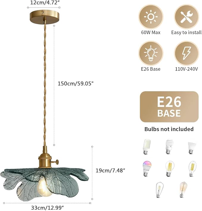 Hardwire Petal Glass Pendant Light Kitchen Island, Brass Chandelier | Hanging Light, Sculptural Art Glass, Unique, Vintage, Gold, Adjustable, Mid Century, Modern,Dining Room,Bedroom, High Ceiling