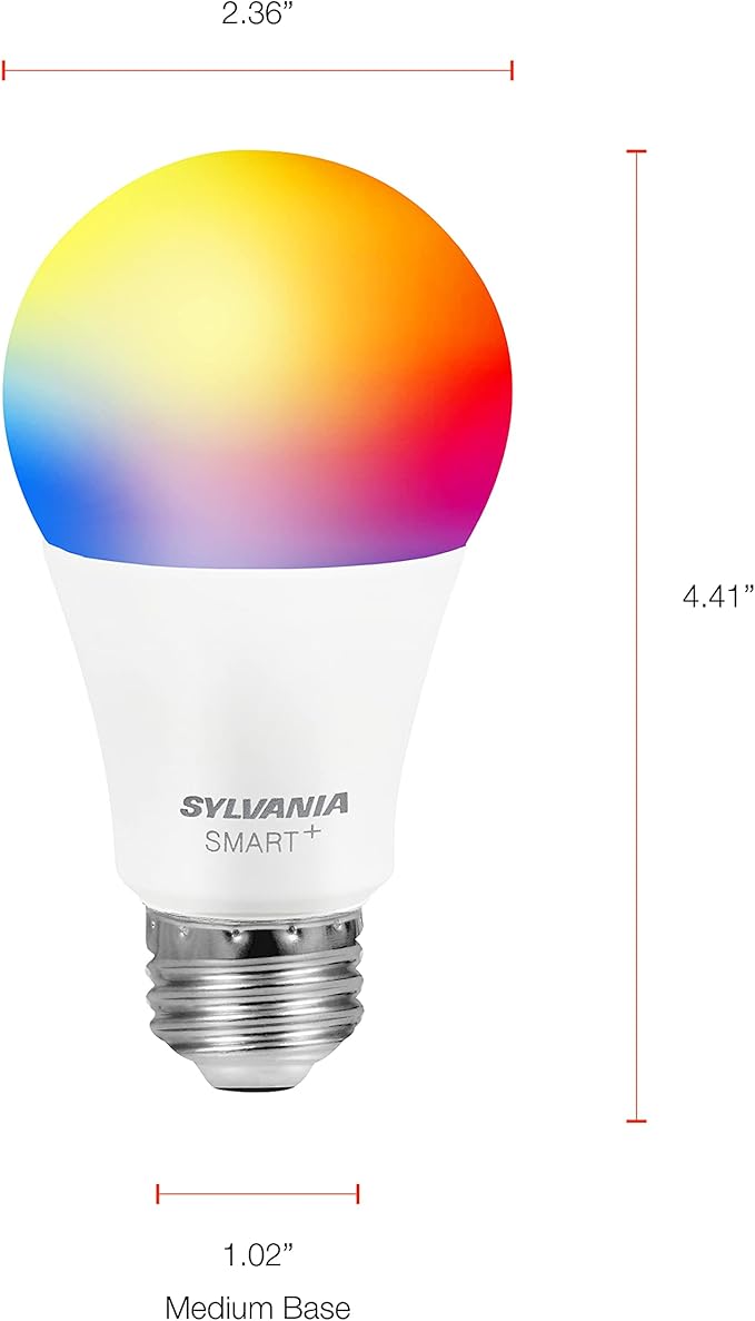Sylvania Smart+ Bluetooth Mesh 60W Equivalent A19 LED Light Bulb, Full Color and Dimmable White, Compatible with Alexa, 2 Pack