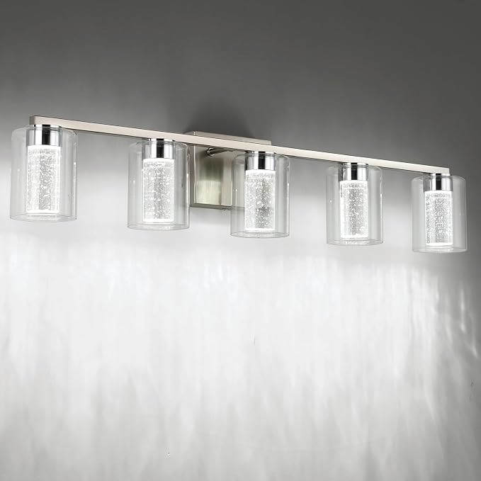 SineRise 5-Light Brushed Nickel Vanity Light with 3 Color Modes (3000K/4000K/6000K), Eye Protection LED Bathroom Light Fixture, Dimmable Modern Wall Light Over Mirror with Clear Glass Shade