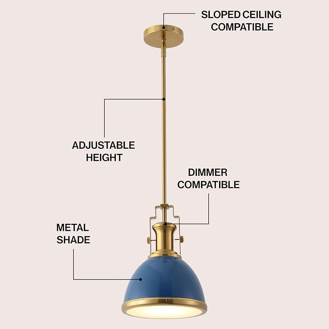 JONATHAN Y Homer Industrial Dome Pendant 10", Navy/Brass Gold | 1-Light, Farmhouse Style, Adjustable Hanging Height, Glass Diffuser, Sloped Ceiling Compatible, Metal, LED Bulb Included