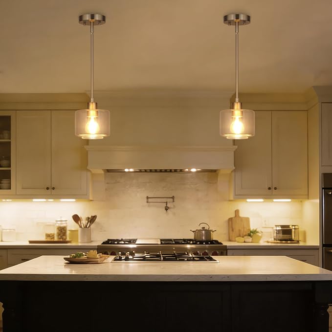 Brushed Nickel Pendant Lights Kitchen Island 2 Pack, Modern Clear Glass Hanging Light Fixtures with Rods, Mini Kitchen Pendant Lighting Over Island for Sink Bathroom, OS-YQ8153-2PBNC