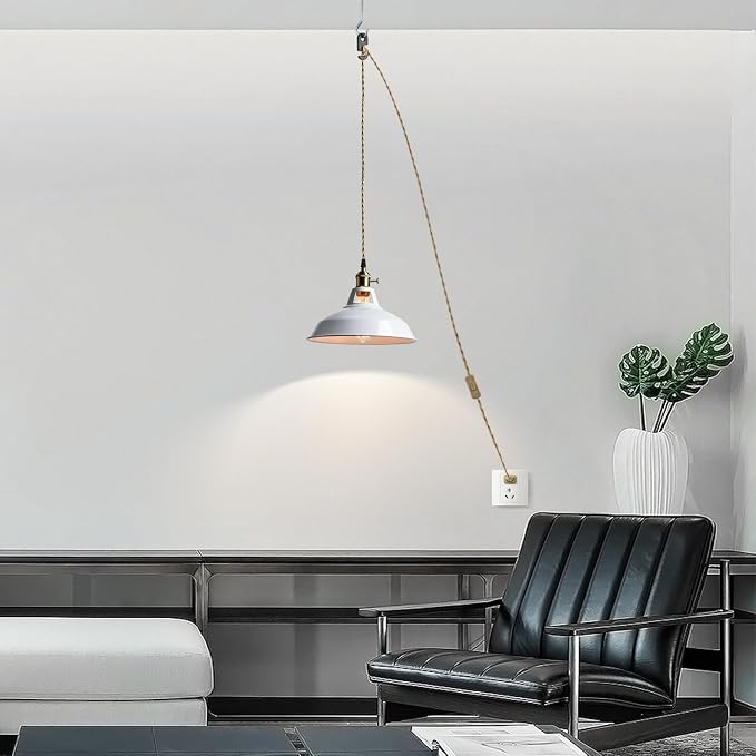 YUBOLE Nordic Plug in Pendant Light White Barn Shade with Dual Switches | 216.5" Plug Cord, Metal Barn Shade, On/off and Rotary Switches, E26 Removable Swag Light for Any Indoor Spaces