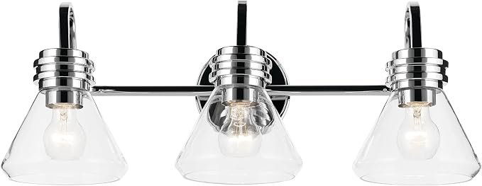 Kichler Farum 3-Light Bathroom Vanity Light, Chrome | Modern vanity light with clear glass for single or double bathroom mirrors (26" x 9.5"), 55155CHCLR
