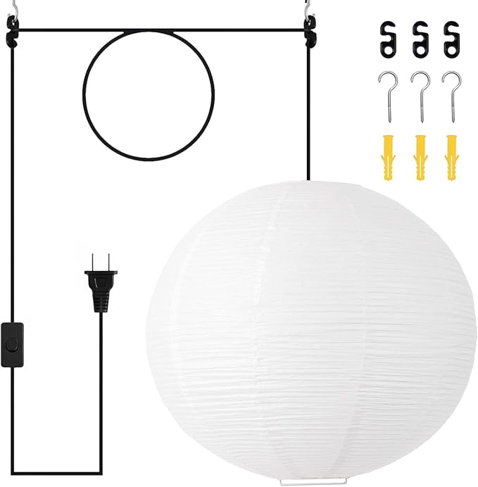Plug in Pendant Light, 19.7“ Paper Lantern with 14.5ft Cord | Hanging Lamp Plug in, Lantern Lamp for Bedroom Living Room Dining Room, No Hard Wiring Needed, E26 Bulb Base