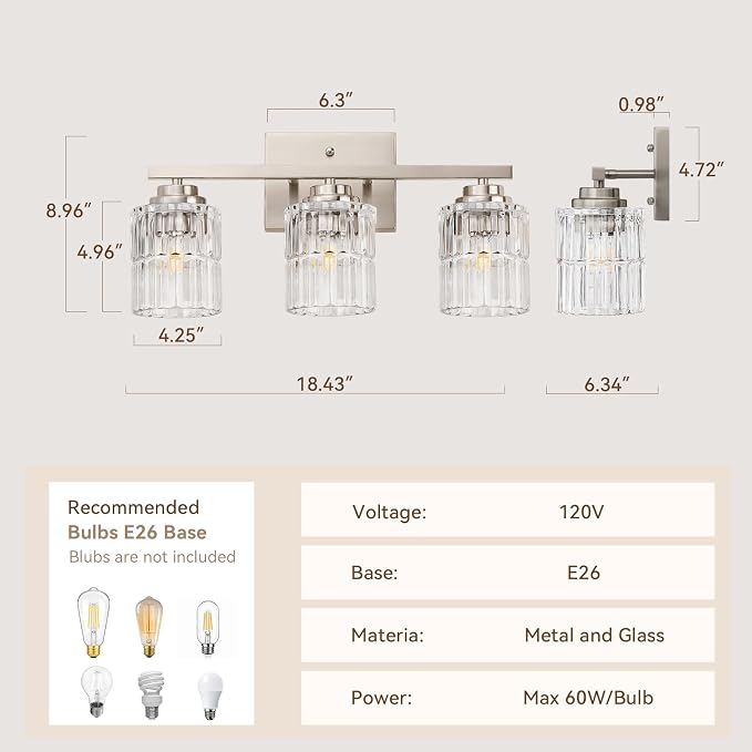 TALOYA Nickel 3Light Bathroom Vanity Light with Fluted Cylinder Glass Shade | Modern Vanity Lighting Fixtures, Bathroom Lights Over Mirror, Wall Mount Mirror Light Fixtures for Bathroom Hallway Bedroom