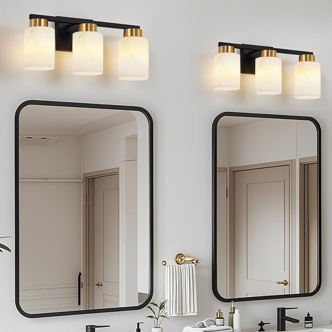 3-Light Bathroom Light Fixtures, Modern Vanity Lights, Black and Gold Metal Wall Lamp with White Marble Glass for Bathroom, Mirror, Living Room, Bedroom, Cabinet, Porch, Hallway, E26 Base