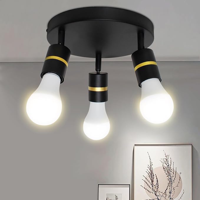 HiBay 3-Light Track Lighting, Rotatable Ceiling Spotlight, Black Gold, E26 | 3 heads for entryway, closet or hall, adjustable black-gold design aims light where needed, E26 base for your own bulbs