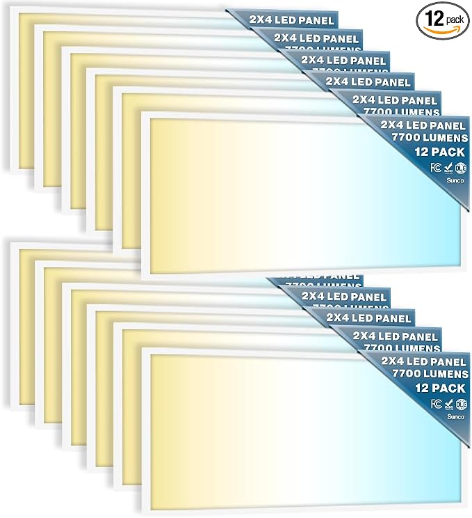 Sunco 12 Pack 2x4 LED Flat Panel Lights, 3CCT Selectable, 40-60W, Dimmable | 7700LM, Selectable Wattage 40W/50W/60W, 3CCT Options 4000K/5000K/6000K, 0-10V, Drop Ceiling Office Lighting Fixture
