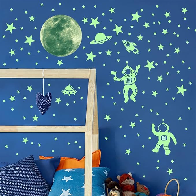 DIY Creativity Starry Sky Astronaut Night Light Stickers Cartoon Rabbit Wall Stickers Star Spaceship Night Light Stickers Room Decoration Wall Stickers (Space World)