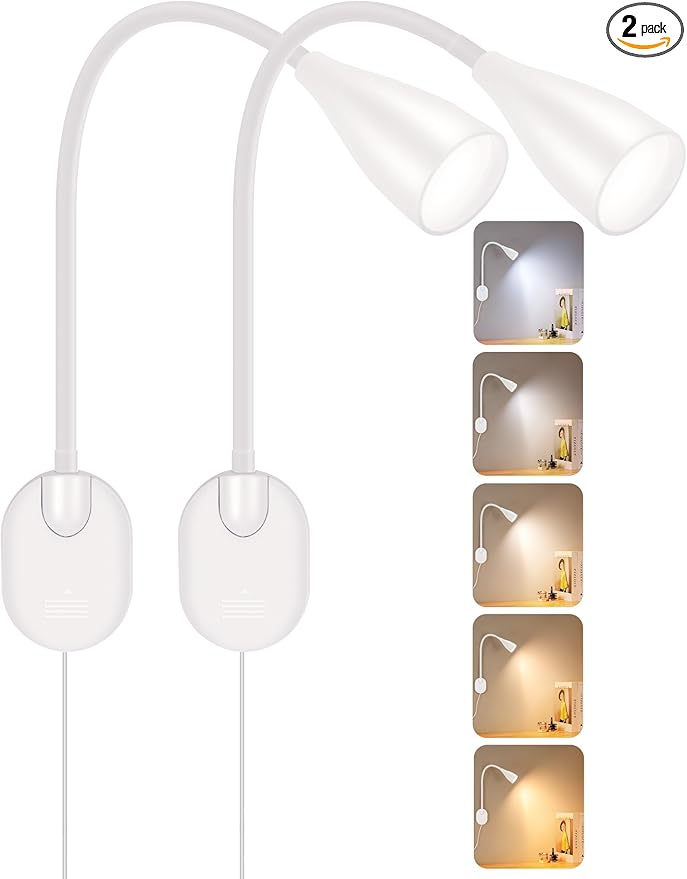 2 Pack LED Wall Mounted Bedside Reading Light, 3 Color Modes,10 Brightness Dimmable, USB Charging Port, Memory Timer Adhesive Wall Light Night Lamp for Books in Bed, Eye-Caring Bedroom Lighting White