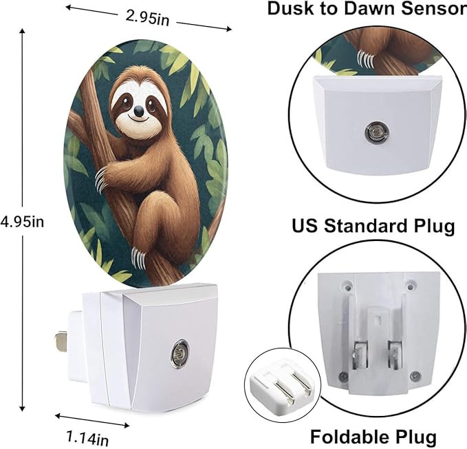 Plug-in Cute Sloth Night Light Tropical Jungle Nightlight with Dusk to Dawn Sensor, Auto On/Off 0.5W Energy-Saving LED Lighting for Men Women Boys Girls Gift