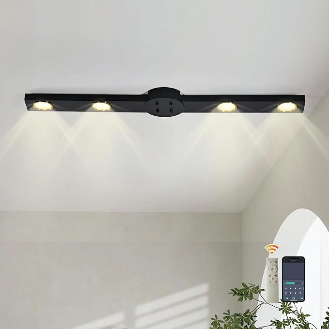 Garwarm 32 Inch Modern Dimmable Track Lighting with Remote, 3000K-6500K | Black Low Profile Flush Mount Ceiling Light with 4 Rotatable Heads for Kitchen, Dining Room, Bedroom, Hallway, Wall Mount Use
