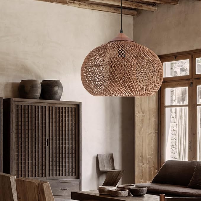 Large Oversized Bamboo Light 19.7inch Hand Woven Wicker Chandelier 1-Light E26 Base for Stairwell, Hallway, Entryway, Indoor Lighting