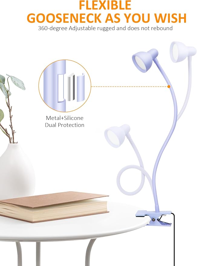 Clip on Lamp USB Reading Light, 3 Color Modes Purple | 10 Brightness Dimmable, Flexible Gooseneck Desk Lamp with Clamp, Eye Care Clip on Light for Bed Headboard Desk Home Dorm