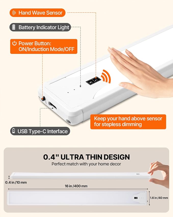 16 Inch Under Cabinet Light, Hand Wave Sensor 83 LED Indoor Cabinet Lighting, USB Rechargeable Cordless Closet Light, Stepless Dimming Under Counter Light for Kitchen, Shelves, Bedroom, 2 Pack
