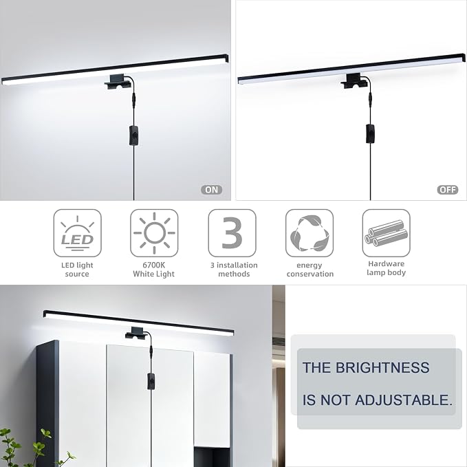 28" Plug in Bathroom Light Fixtures,Vanity Lights Bar,Picture Light | Modern Black,Non-Dimmable,6700K,with Switch,LED,Over Mirror,Wall Lights,Make up light,for Bedroom/Art/Poster/Cabinet