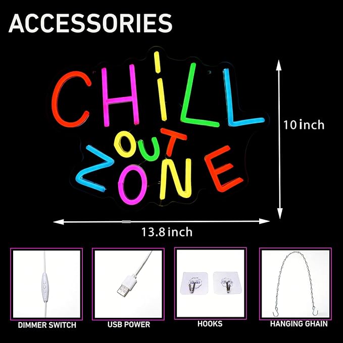 Chill Out Zone Neon Signs for Wall Art Decor, Colorful LED Ligh Sign for Bedroom Dimmable Chill Led Neon Light for Game Room Cafe Bar Kids Room Man Cave Decoration