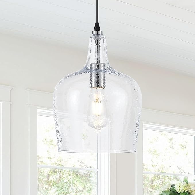 10”Chrome Hammered Glass Pendant Light Modern 1 Light Single Dome Pendent Lighting Fixtures for Kitchen Island Dining Room Hallway, UL Listed