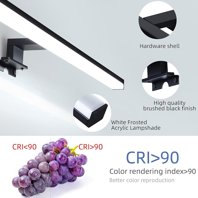 28" Plug in Bathroom Light Fixtures,Vanity Lights Bar,Picture Light | Modern Black,Non-Dimmable,6700K,with Switch,LED,Over Mirror,Wall Lights,Make up light,for Bedroom/Art/Poster/Cabinet
