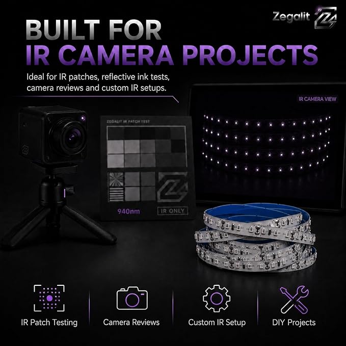 940nm IR Illuminator LED Strip Light, 600 LEDs High Density Infrared Tape (SMD 2835), Zero Glow Invisible Night Vision for Covert Security Camera, Wildlife, VR Tracking, 16.4ft/5m 12V