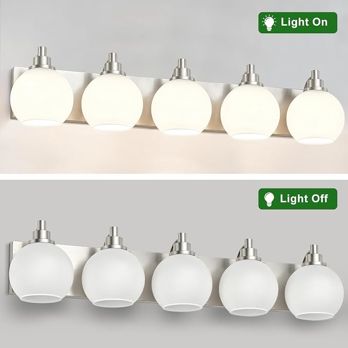 IZORRO Bathroom Light Fixtures, 5-Light Brushed Nickel Vanity Light, Modern Wall Sconces with Globe Milk White Glass Shade, Vanity Lighting Fixtures Over Mirror,E26 Bulb Socket