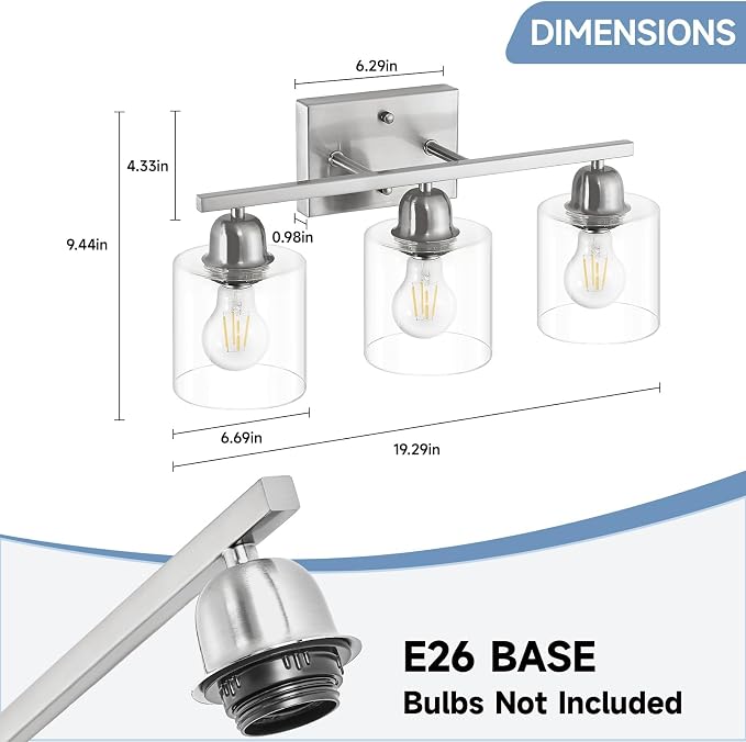 Modern Brushed Nickel 3 Light Bathroom Light Fixtures,19 inch Vanity Lights For Bathroom With Clear Glass, Bathroom Lighting Fixtures Over Mirror For Mirror Kitchen Living Room Hallway Cabinet Porch