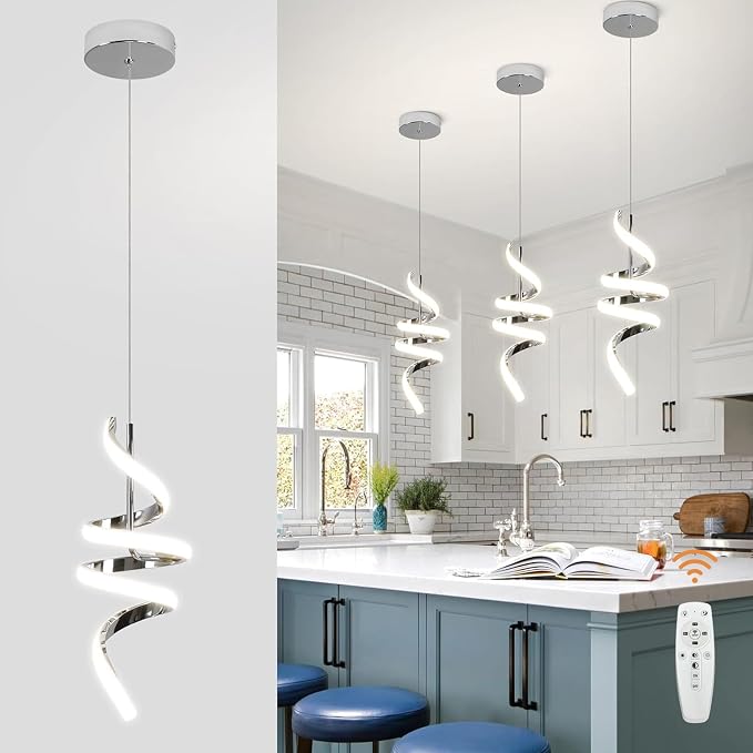 3000-6000K Dimmable Modern Pendant Light,Chrome LED Pendant Light for Kitchen Island Fixtures Chandeliers for Dining Room Hanging Lights, 1 Pack