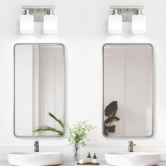 2 Light Brushed Nickel Vanity Light,Brushed Nickel Vanity Lights for Bathroom,Bathroom Light Fixtures Over Mirror,Wall Sconces for Living Room,Bedroom,Hallway(E26 Base)