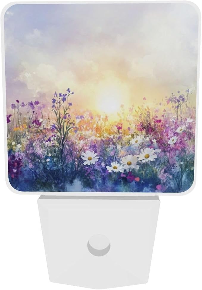 Watercolor Spring Flowers LED Plug-in Night Lamp 2 Piece Set, Nightlights Set of 2 for Bedroom Bathroom