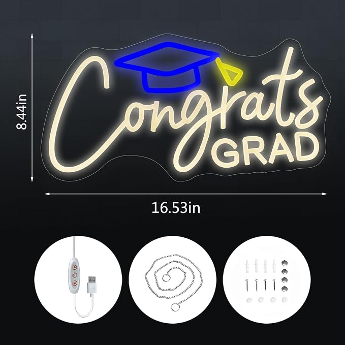 Congrats Grad Neon Sign with Graduation Cap, Grad Wall Decor, Warm White | Graduation Decorations 2026, Adjustable Congrats Led Sign for Class of Party Room Dorm Backdrop Celebration Gifts