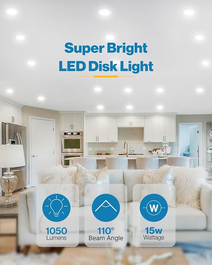 Sunco LED Disc Lights Ceiling 6 Inch, Flush Mount Disk Light, Recessed Can Lighting, 1050 LM, 15W (75W Equivalent), 4000K Cool White, Dimmable, Damp Rated ETL 4 Pack.