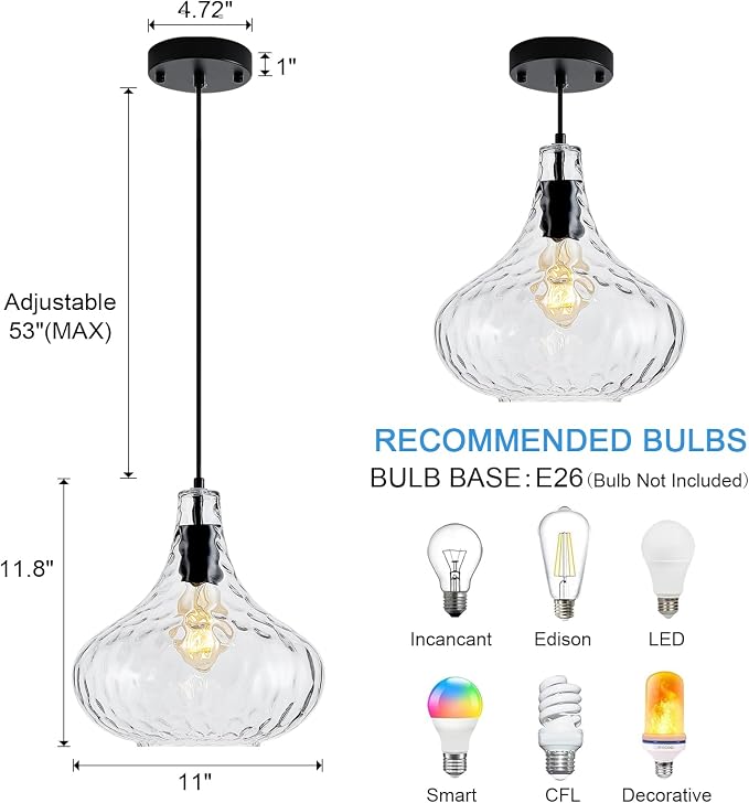11 Inch Hammered Glass Pendant Light Black Farmhouse Ceiling Lamp | Diffuse soft lighting, adjustable hanging cord, E26 base, perfect decorative fixture over sink kitchen island & dining space