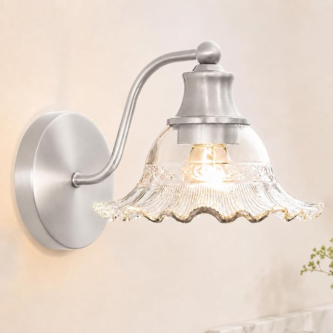 Brushed Nickel Bathroom Wall Sconce Vintage Style, E26 Easy Mounted | Vanity Light with Flower Glass Shade, Bathroom Wall Lighting Fixture Beside Mirror, Easy Mounted for Bedroom, Hallway