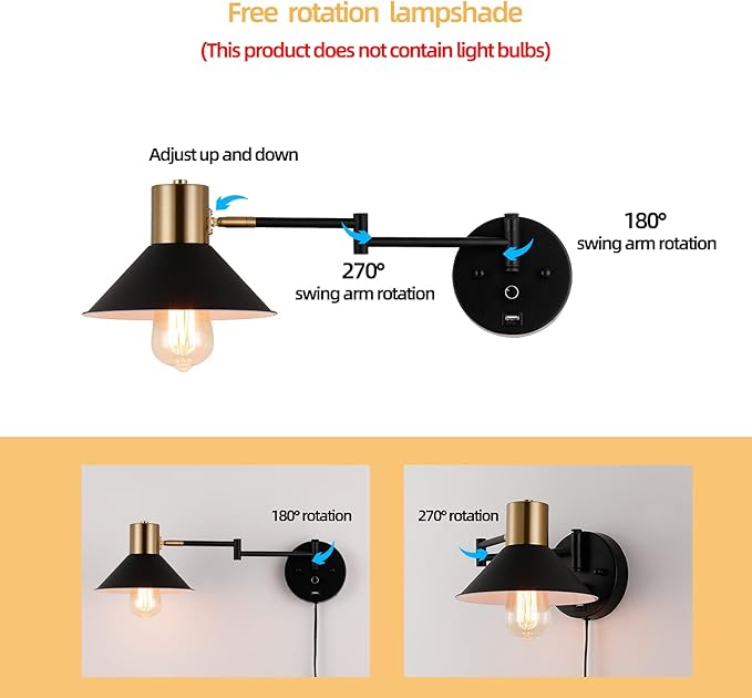 Swing Arm Wall Lamp Plug in Wall Sconces Adjustable Vintage Industrial Reading Light Bedside Wall Mount Light with Dimmable Switch and USB Port Black