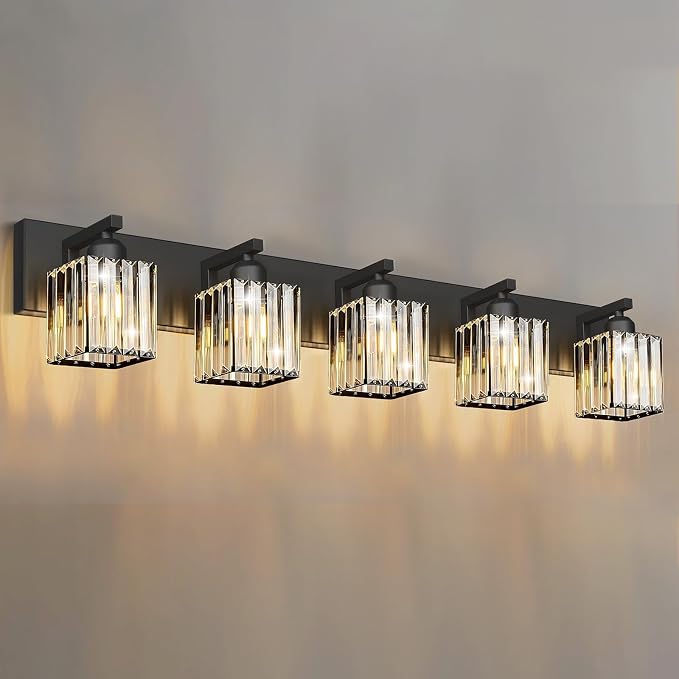 Black Crystal Bathroom Vanity Light, 5-Light Modern Bathroom Lighting Fixtures Over Mirror, Matte Black Wall Sconce Light Fixtures with Square Shade