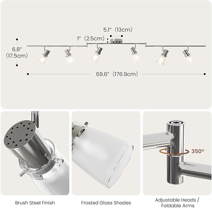 6-Light Decorative Track Lighting Kit, Brushed Steel Finish Flush Mount Ceiling Light Fixture with Frosted Glass Shades, Foldable Z-Bar, E26 Adjustable Heads Provide Directional Light