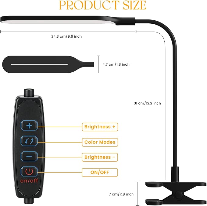 LED Clip on Light, 3 Color Modes & 10 Brightness Levels, 360° Flexible Gooseneck Clamp Lamp, Ultra Wide Brightness Range, USB Eye-Caring Table Light for Home Office/Reading/Painting, Black