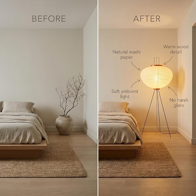Noguchi Japanese Rice Paper Floor Lamp • 3000K Akari Standing Light for Living Room Bedroom, Modern Paper Lamp Design, Warm White Ambiance Lighting