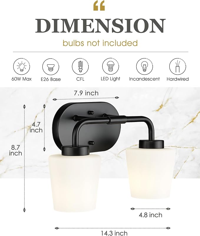 2-Light Black Bathroom Light Fixtures Over Mirror | Vanity Lighting Fixtures with Milk White Glass, Vintage Farmhouse Wall Sconces Lighting, AD-22004-2W-BK