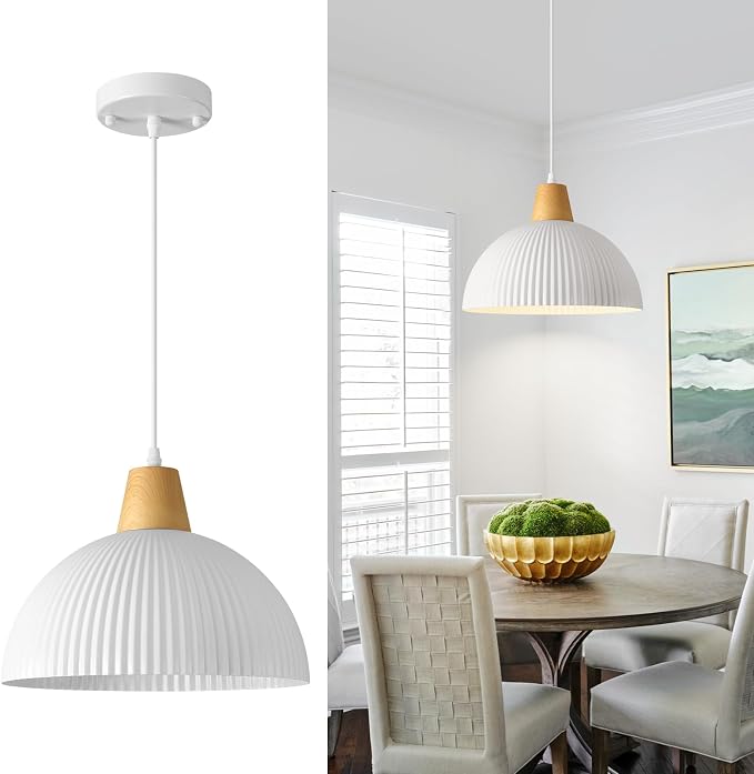 White Pendant Light Kitchen Island, 11.8" Wood Pendant Light Modern Farmhouse Dome Hanging Light for Dining Room Bedroom Bar Sink